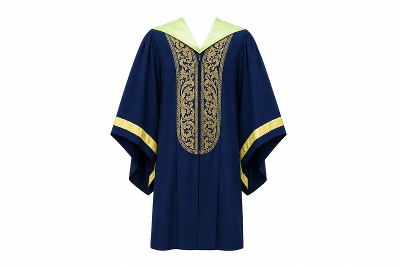 Jubah konvokesyen UPSI berwarna navy dengan sulaman emas