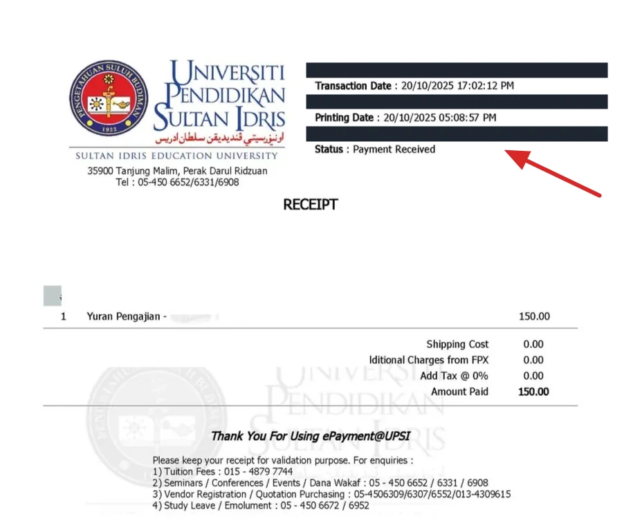 Resit ePayment baru menunjukkan Status: Payment Received