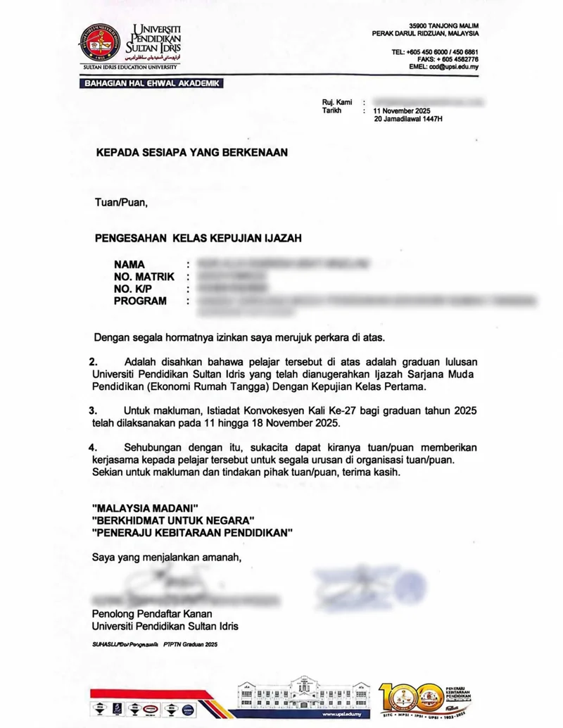 Surat Pengesahan Kelas Pertama UPSI untuk pengecualian PTPTN