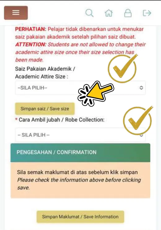 Ruangan Saiz Pakaian Akademik dengan butang Simpan saiz